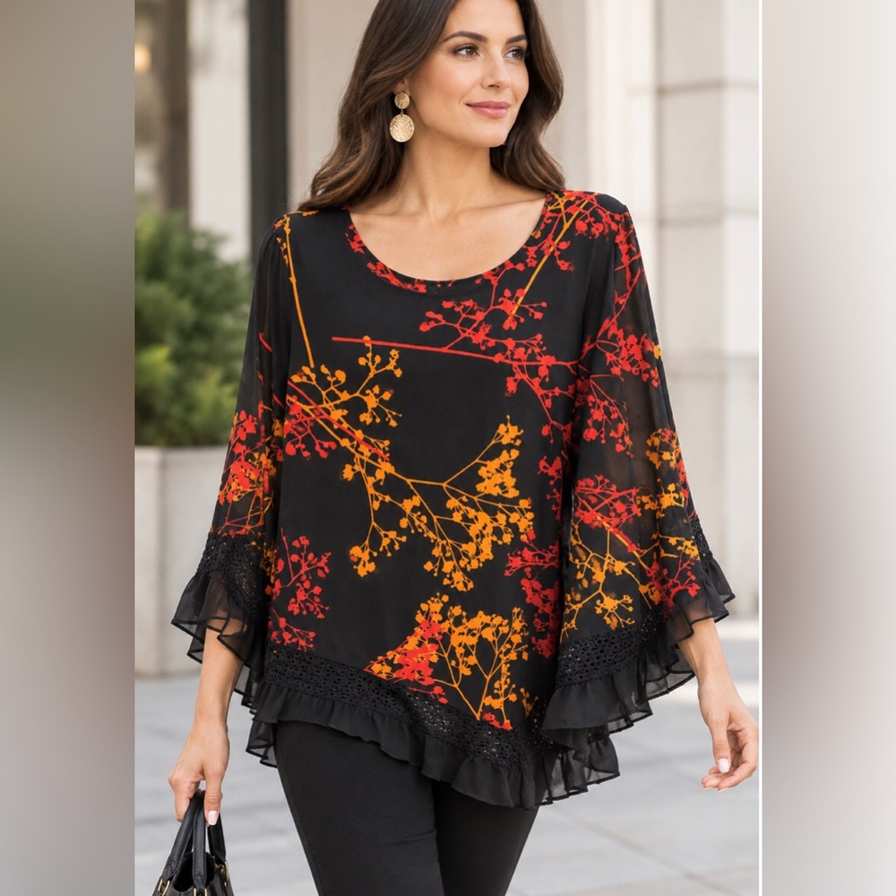 Alfani Black Floral Print Tunic with Orange & Red Branches Top XL